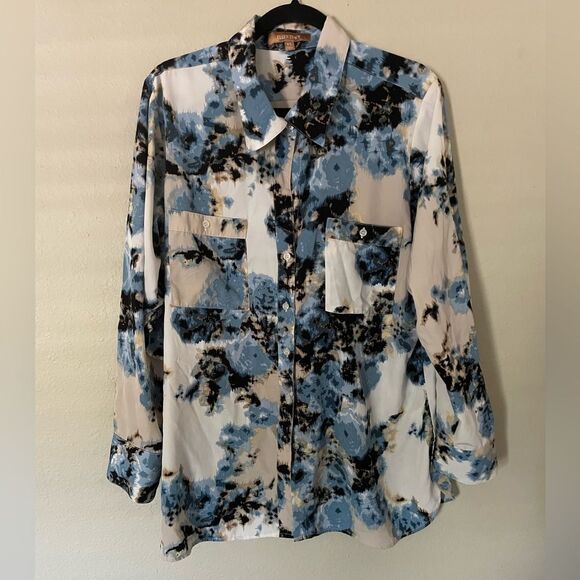 Ellen Tracy Top Blouse Button Down Tie Dye Pattern Design Blue Ivory Size XL - Picture 1 of 6